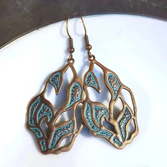 Antique Copper Verdigris Blue Green Patina Artsy Textured Open Leaf Earrings - Picture 6 of 7